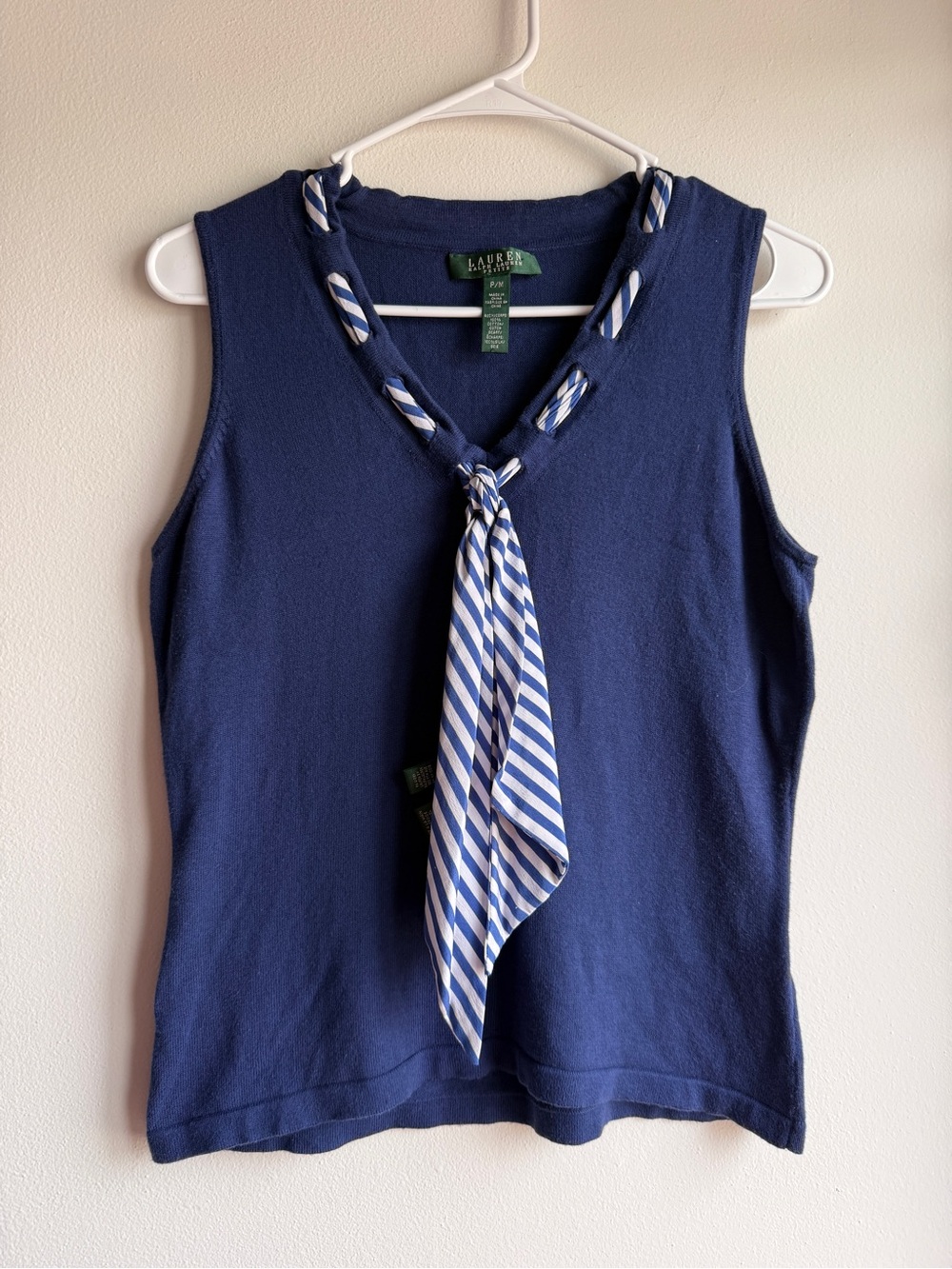 Vintage Lauren Ralph Lauren Petite Navy Tank Top w/ 100% Silk Scarf Tie PM